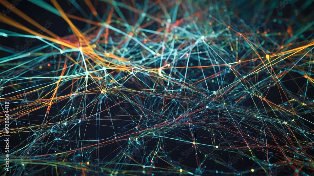 Poster a computer-generated image of an intricate network of glowing blue lines and dots, symbolizing conne