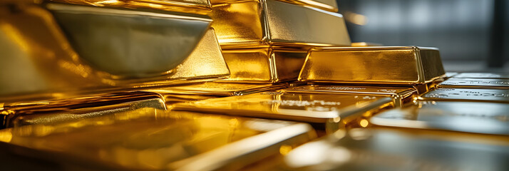 A closeup view of shiny gold bars stacked neatly inside a secure vault