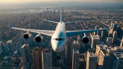 Fototapeta premium A large commercial airplane flying low over a modern city skyline during sunset, with tall buildings below