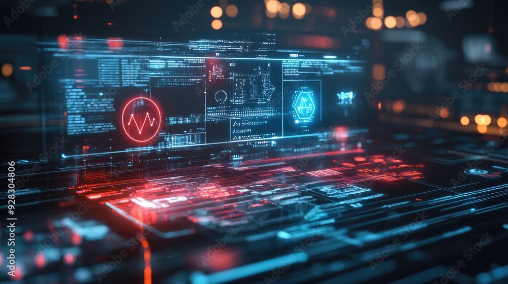 Poster abstract futuristic technology background with glowing digital interfaces and neon lights.