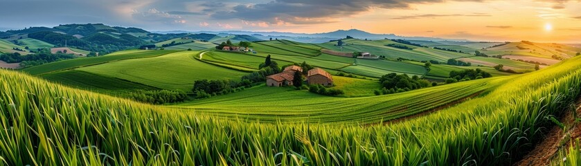 Fototapeta premium Breathtaking view of lush green fields under a vibrant sunset, showcasing the beauty of rural landscapes and natural scenery.