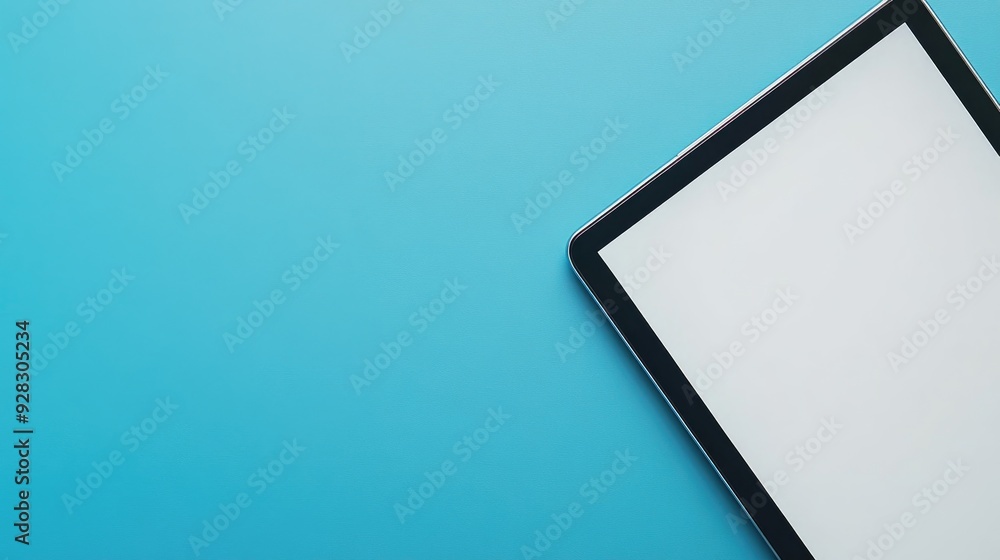 Poster blank tablet computer screen on a blue background with copy space.