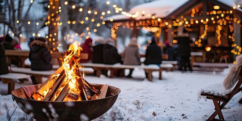 An outdoor winter ceremony with a roaring firepit, surrounded by guests in cozy blankets.