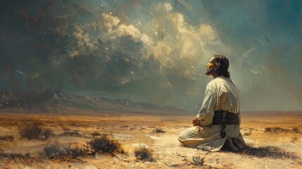Jesus in wilderness, kneeling in prayer, vast sky, 40 days fasting.
