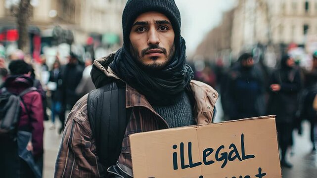 Pensive man in beanie and scarf holding cardboard sign that reads "illegal migrant" amidst busy city crowd. Concepts of migration, social issues, and public awareness.