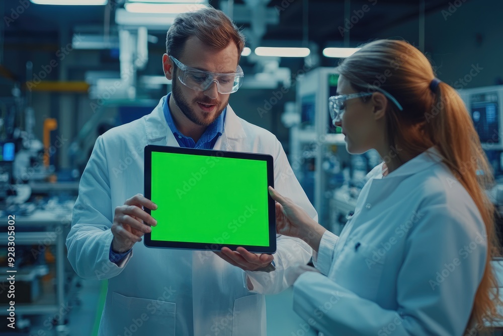 Fototapete Two engineers having discussion while using tablet computer with green chroma key screen in a modern factory