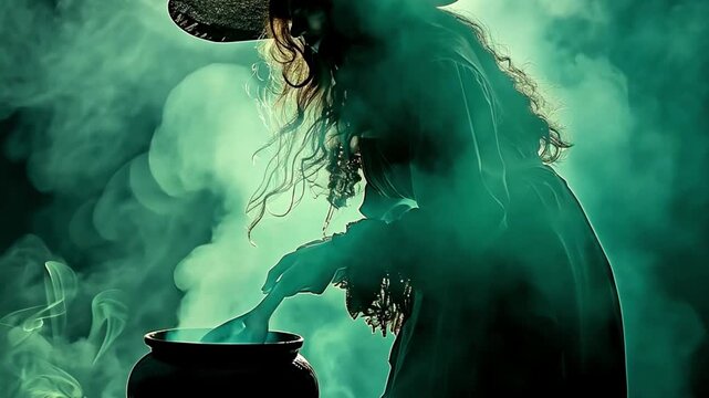 Witch making a poison green smoke. Art video Fantasy woman witch back rear view walks creates magic hands raised glowing beam rays in dark gothic room full smoke Black long dress Pointed Hat Halloween
