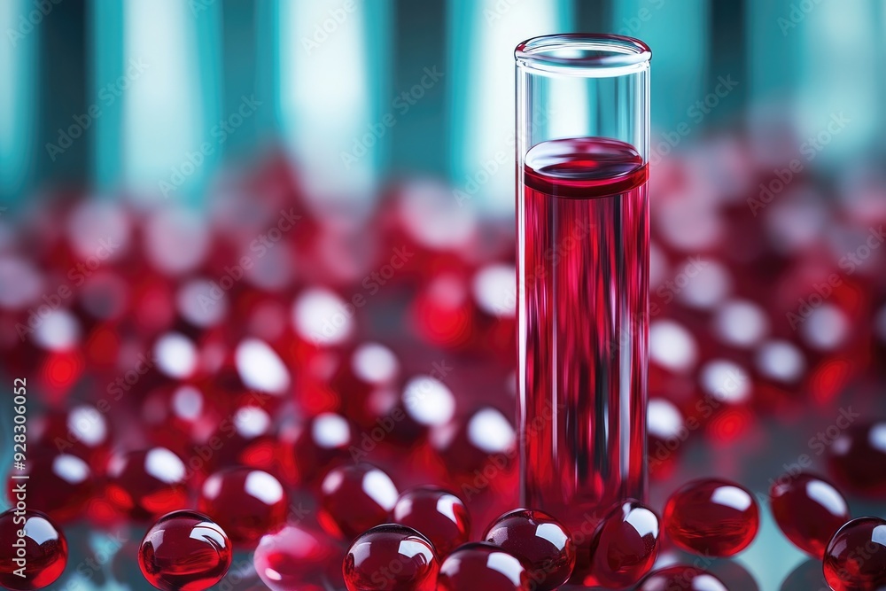 Poster test tube with red liquid standing in front of red pills