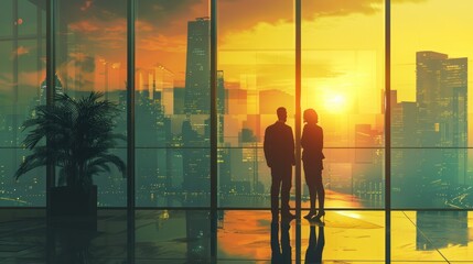 Two businesspeople standing outside, high-rise building, relaxed discussion, urban skyline.