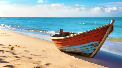 Obraz premium Wooden fishing boat on the sand on the beach. Blue sky with clouds on a sunny summer day.