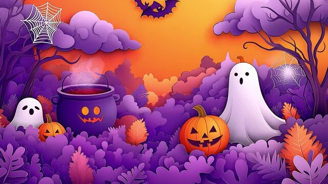 Vibrant Halloween-themed paper art illustrations featuring playful ghosts, jack-o'-lanterns, bats, and cauldrons against colorful backgrounds.