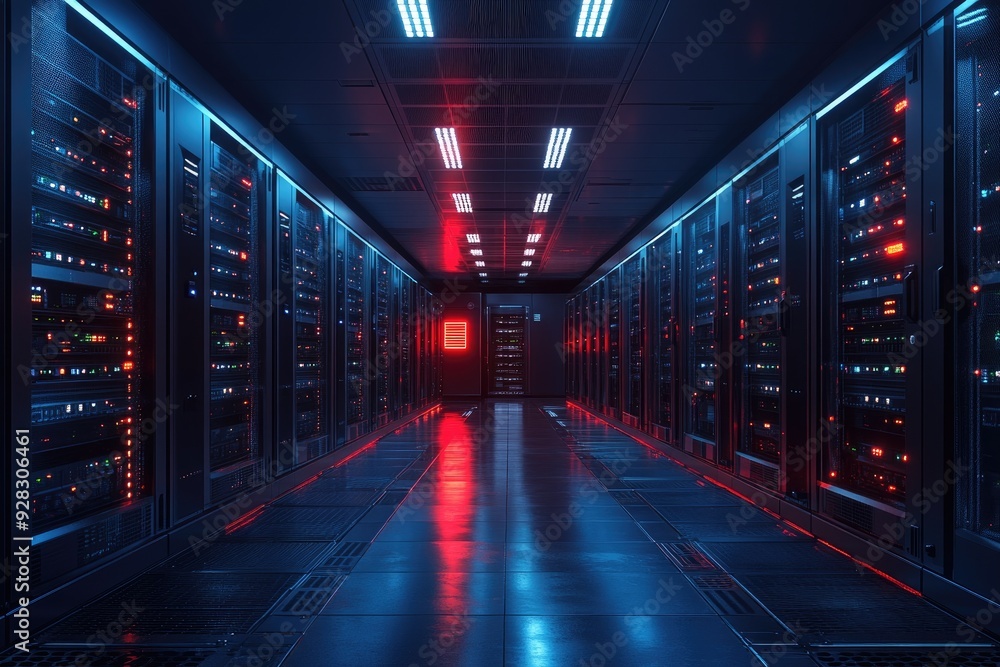 Leinwandbilder server room data center with red lights blinking is processing information