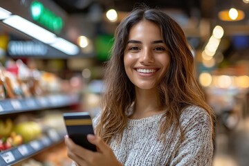 Young woman using smartphone and smiling while shopping in supermarket