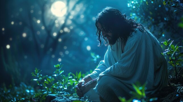 Jesus praying in Gethsemane, deep contemplation, moonlit garden.