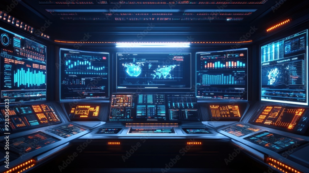 Poster futuristic control room with glowing screens displaying data.
