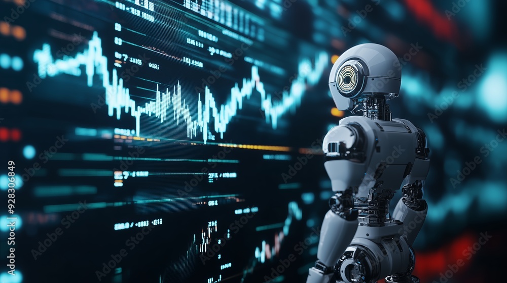Poster a robot analyzing financial data in a digital environment