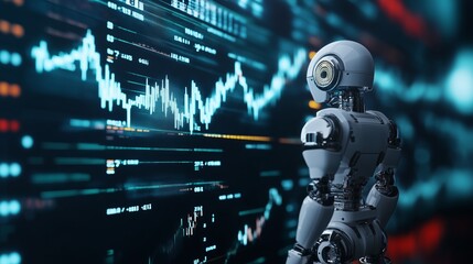 A robot analyzing financial data in a digital environment