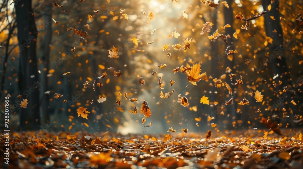 Aufkleber vibrant yellow and orange leaves flutter gently to the ground, illuminated by warm sunlight filterin