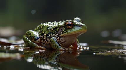 Fototapeta premium a frog with a green eye and a white dot on its head is reflected in a pool of water.