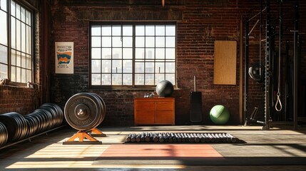 A weight room with a barbell, dumbbells, and a medicine ball in front of a large window with a view of the city.
