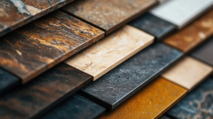 Close up of various colors and textures of natural stone tiles.