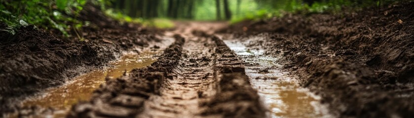 Naklejka premium Muddy trail in a forest with water flowing through it.