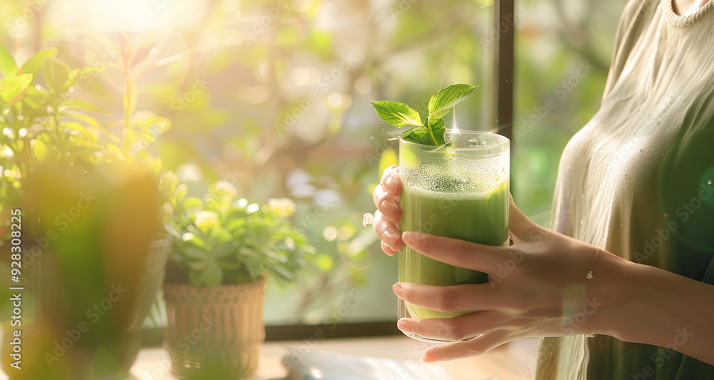 Wall mural women holding a glass of fresh juice, , fresh juice in hand, woman with juice glass, healthy juice drink