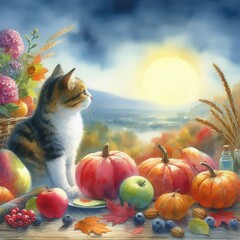 Fototapeta premium 夏の終わりを感じる猫の水彩画
