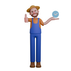 Illustrated Farm Expert. A farmer with a broad smile is holding a blue checkmark symbol in one hand and giving a thumbs-up with the other. 3D Male Farmer