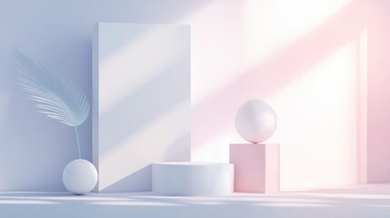 Minimalist white and pink podiums with a palm leaf and eggs on a white background with light shining through the window.