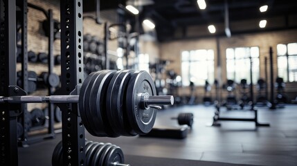 Fototapeta premium Close up of a barbell with weight plates in a gym, ready for a workout.