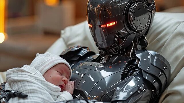 A humanoid android robot with artificial intelligence looks after a newborn baby and a Caucasian woman as a maid and babysitter.