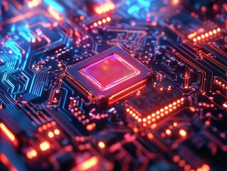 Obraz premium Close-up of a glowing red and blue circuit board with a processor in the center.