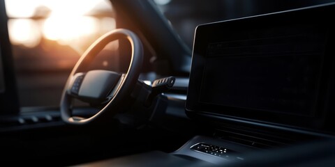 Modern car interior with steering wheel and large infotainment screen.