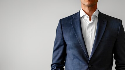 Business person in suit on white background with copy space on the left, professional studio photo.