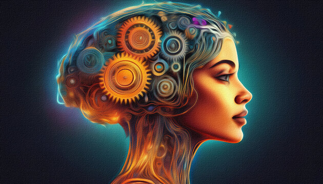 Illustration conceptual image of engineering gear and cog forming a human brain shape on a textured background, symbolizing the fusion of technology, innovation, and artificial Intelligence
