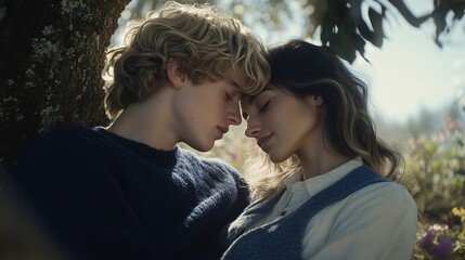 Fototapeta premium Young couple sharing a tender moment under a tree in a peaceful meadow during daylight