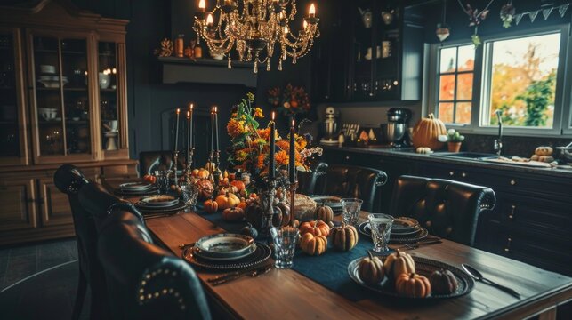 The dining room showcases a warm Halloween atmosphere with decorated tables, pumpkins, and vibrant floral arrangements reflecting autumn's charm