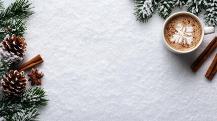 Flatlay of holidaythemed items on a snowy surface, including hot cocoa, cinnamon sticks, and pinecones, warm and inviting winter vibe, 4K resolution