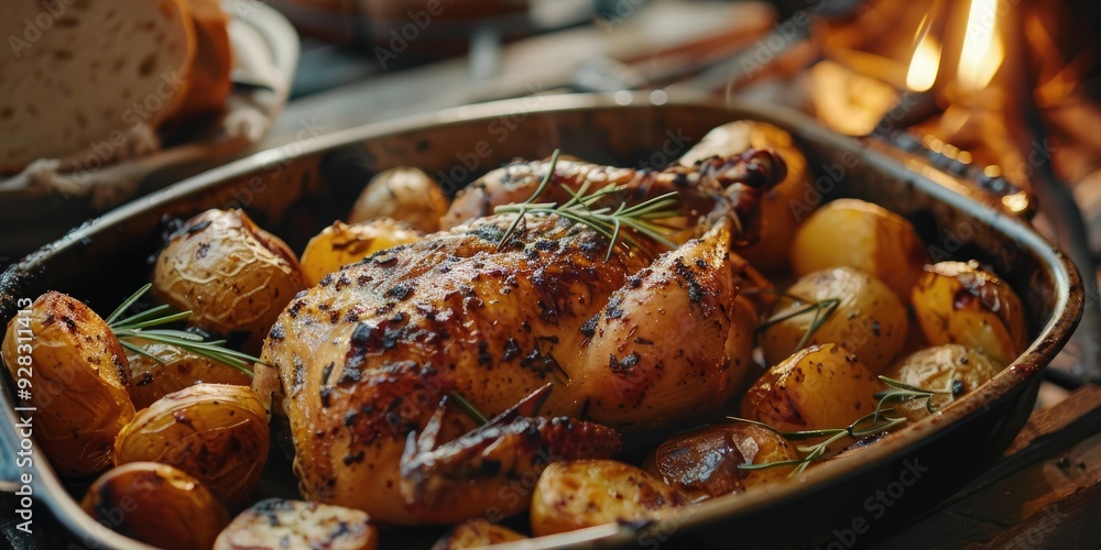 Sticker roast chicken and roasted potatoes served in a dish