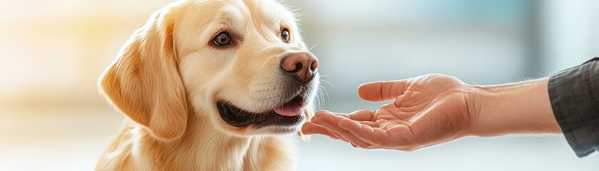 A friendly Labrador Retriever being petted by a person. The dog looks happy and content, enjoying the human's affectionate touch.