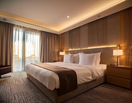 Habitaci&oacute;n de hotel de lujo con cama grande y ventanales