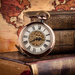 br&uacute;jula antigua vintage sobre una pila de libros antiguos y mapas de viajes, concepto aventura, viajes, 