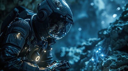 A high-tech diver mapping underwater caves with an advanced handheld scanner.