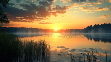 Obraz premium Golden Sunset Over a Tranquil Lake