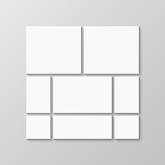 Images mosaic mockup. Scrapbook collage. Photo grid template. Moodboard picture frame. Album brandboard. Portfolio gallery layout. Mood board square banner. Vector illustration