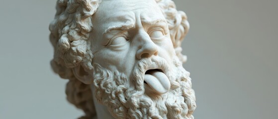 Close-up of a classical marble bust of a man with a beard, tongue sticking out.