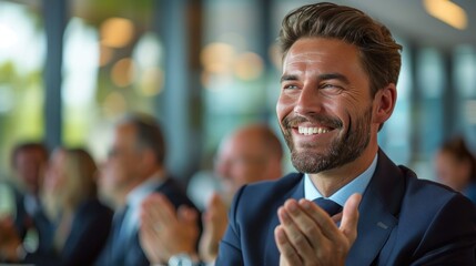 Fototapeta premium Businessman clapping and smiling in a meeting appreciating an innovative idea.
