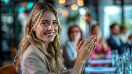 Female executive clapping and smiling in a meeting appreciating a successful idea.
