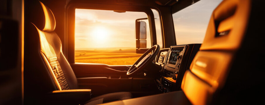 Empty truck cab with sunset view through window